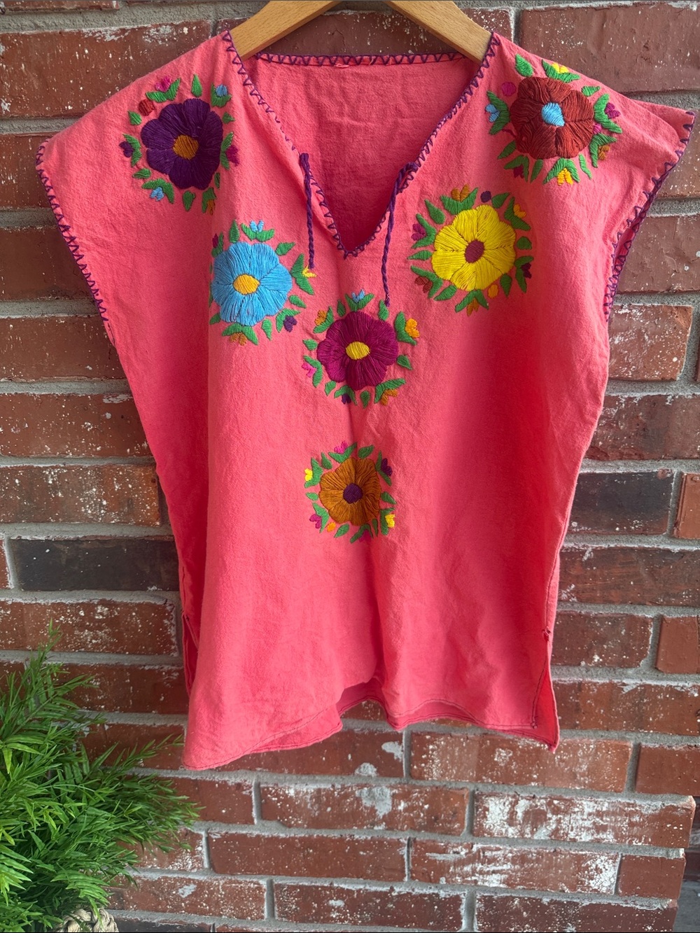Hand-Embroidered Coral Floral Peasant Top. Linen look and feel.